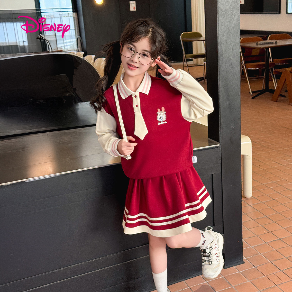 迪士尼女童套装春季新款儿童翻领卫衣裙子两件套中大童装洋气套裙