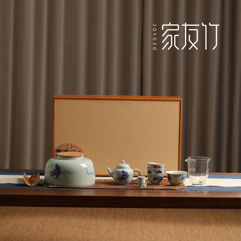 2022年中秋新款仿古青花釉茶具套组竹制礼盒福鼎白茶普洱散茶定制