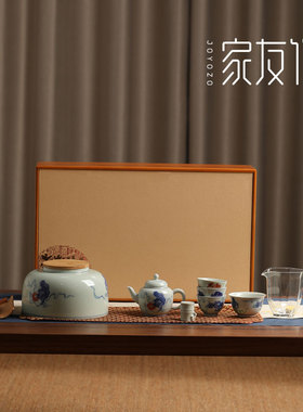 2022年中秋新款仿古青花釉茶具套组竹制礼盒福鼎白茶普洱散茶定制