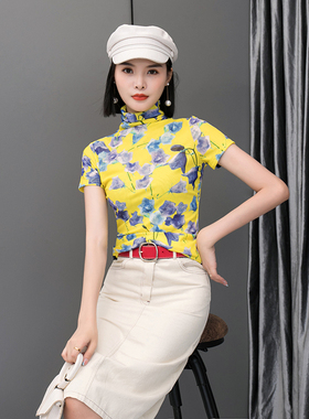 洋气小衫2026春装漂亮上衣女新款网纱高领打底衫修身黄色短袖t恤