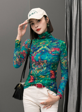 打底衫女内搭时髦洋气早春漂亮小衫扎染长袖t恤高领绿色网纱上衣