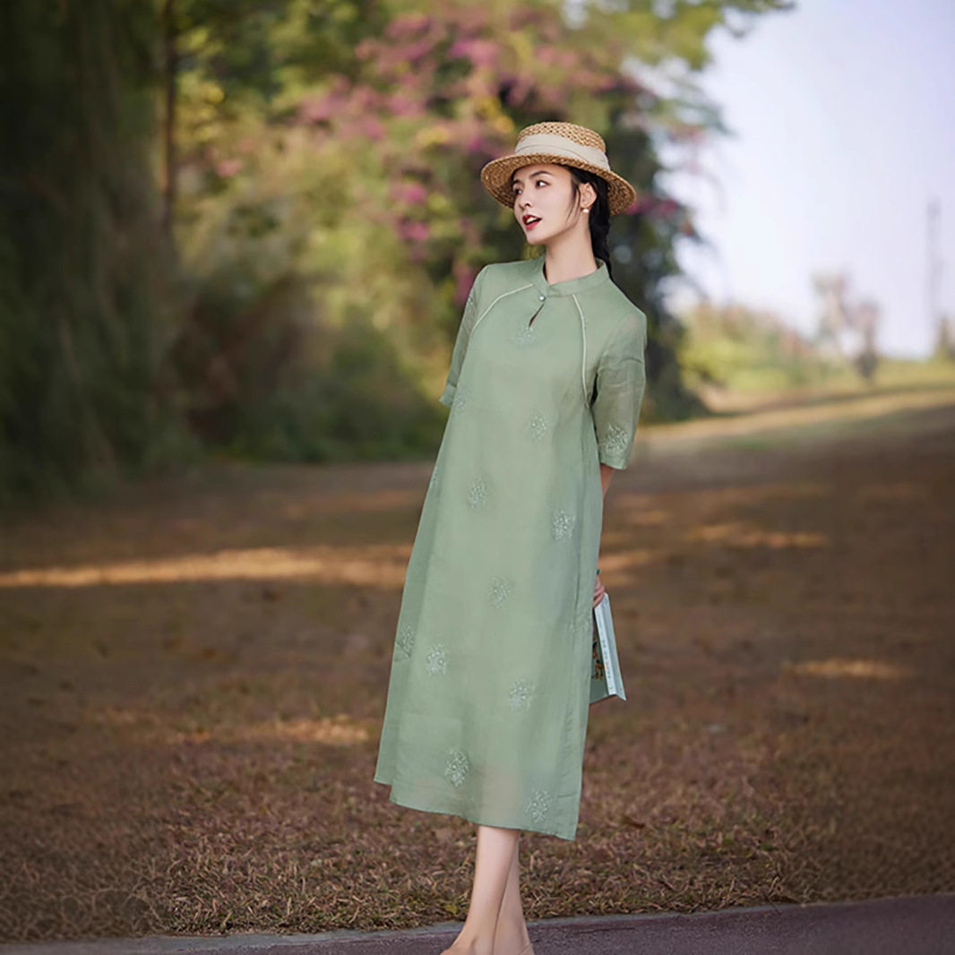 滔语苎麻连衣裙女新款洋气减龄五分袖立领盘扣改良旗袍裙中长裙女