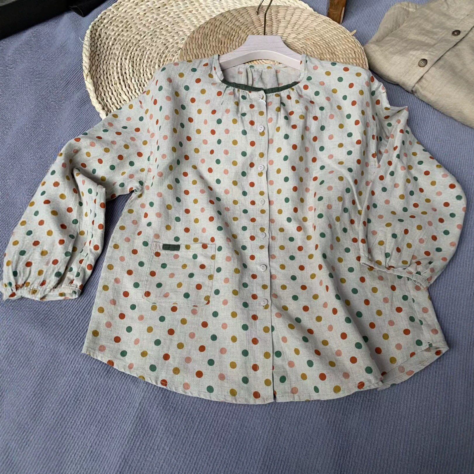 榆 原麻本真 全汉麻防晒服彩色波点童趣减龄复古宽松衬衫通勤上衣