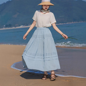 海茉 浅蓝栖花 2026夏季小清新亚麻松紧腰风琴褶浪漫飘逸大摆半裙