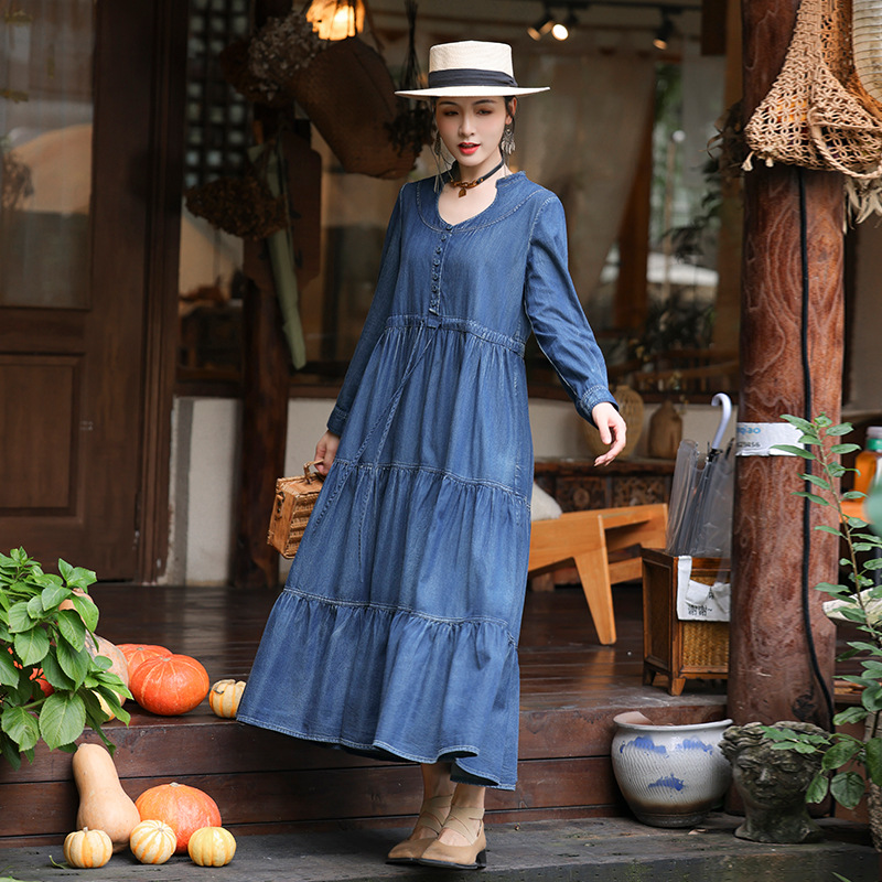 2025春秋优雅U领牛仔裙宽松大码抽绳系带收腰文艺连衣裙A82718