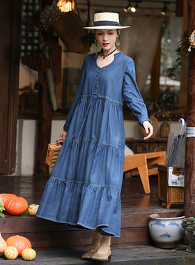 2025春秋优雅U领牛仔裙宽松大码抽绳系带收腰文艺连衣裙A82718