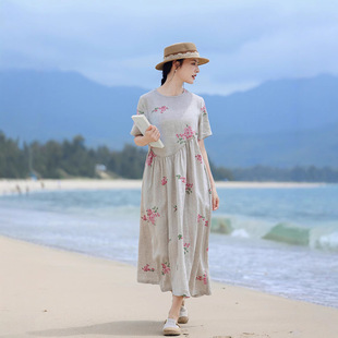 海茉夏季原创透气雨露麻中年女性遮肉绣花文艺大摆长款连衣裙长裙