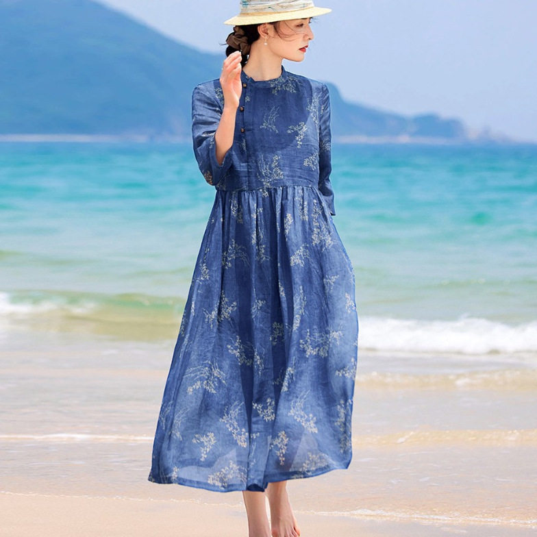 周舟 全苎麻女装 夏季中式蓝色系中年妈妈连衣裙立领五半开襟袍子