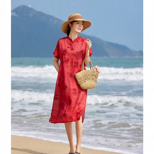 海茉 红罗裙 夏季苎麻刺绣中年女装中式中长款连衣裙结婚送考旗袍