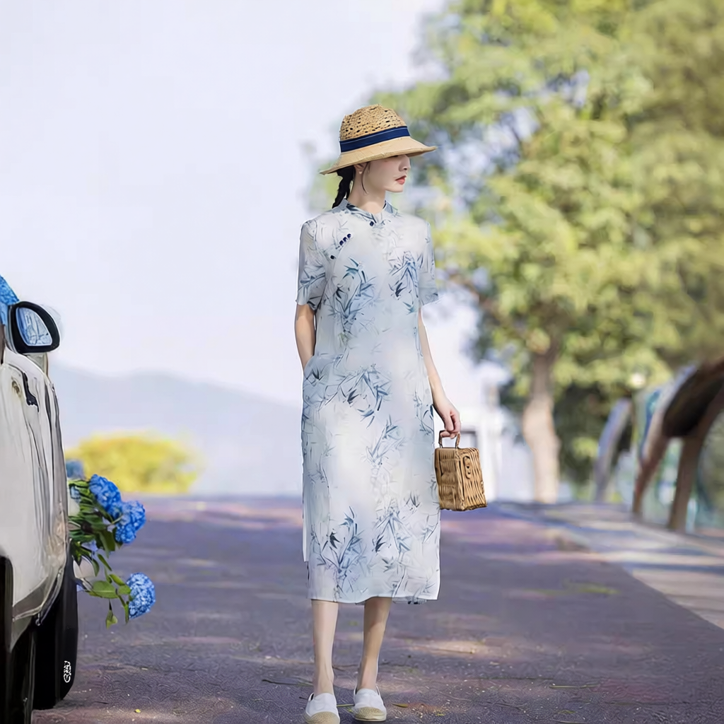 滔语 新中式女装苎麻连衣裙夏季妈妈旗袍领国风复古印花竹叶a字裙
