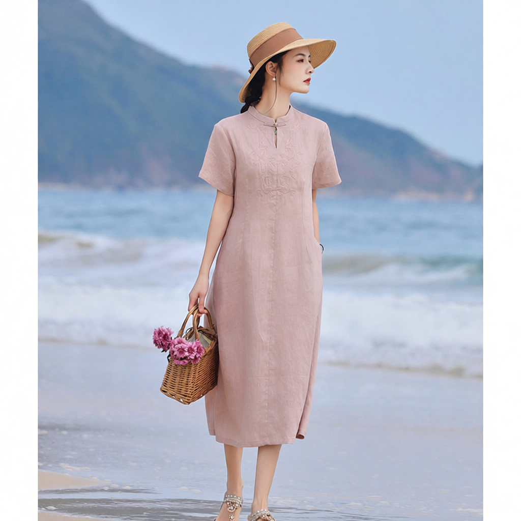 海茉 改良旗袍日常新中式国风亚麻连衣裙女夏季新款气质宽松茶服