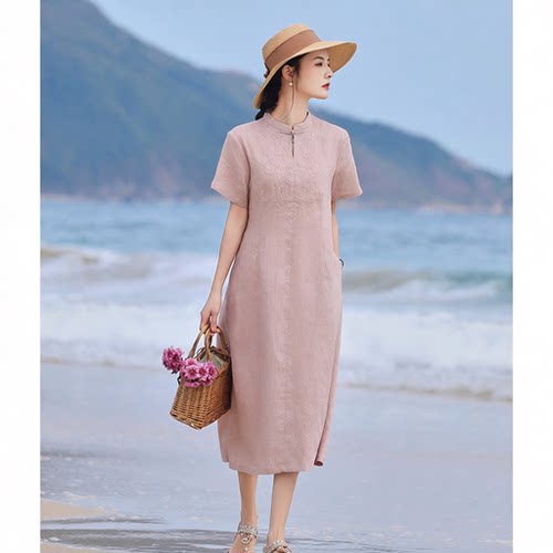 海茉 改良旗袍日常新中式国风亚麻连衣裙女夏季新款气质宽松茶服