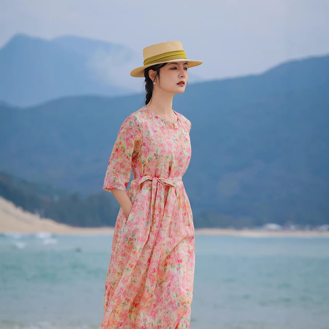 滔语 苎麻连衣裙A字裙收腰宽松印花碎花日常系带油画风格法式浪漫