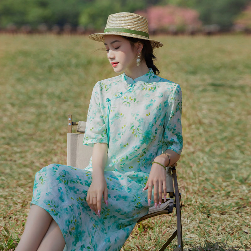滔语 烟雨青花 苎麻夏季改良旗袍印花裙小清新减龄大码女装连衣裙