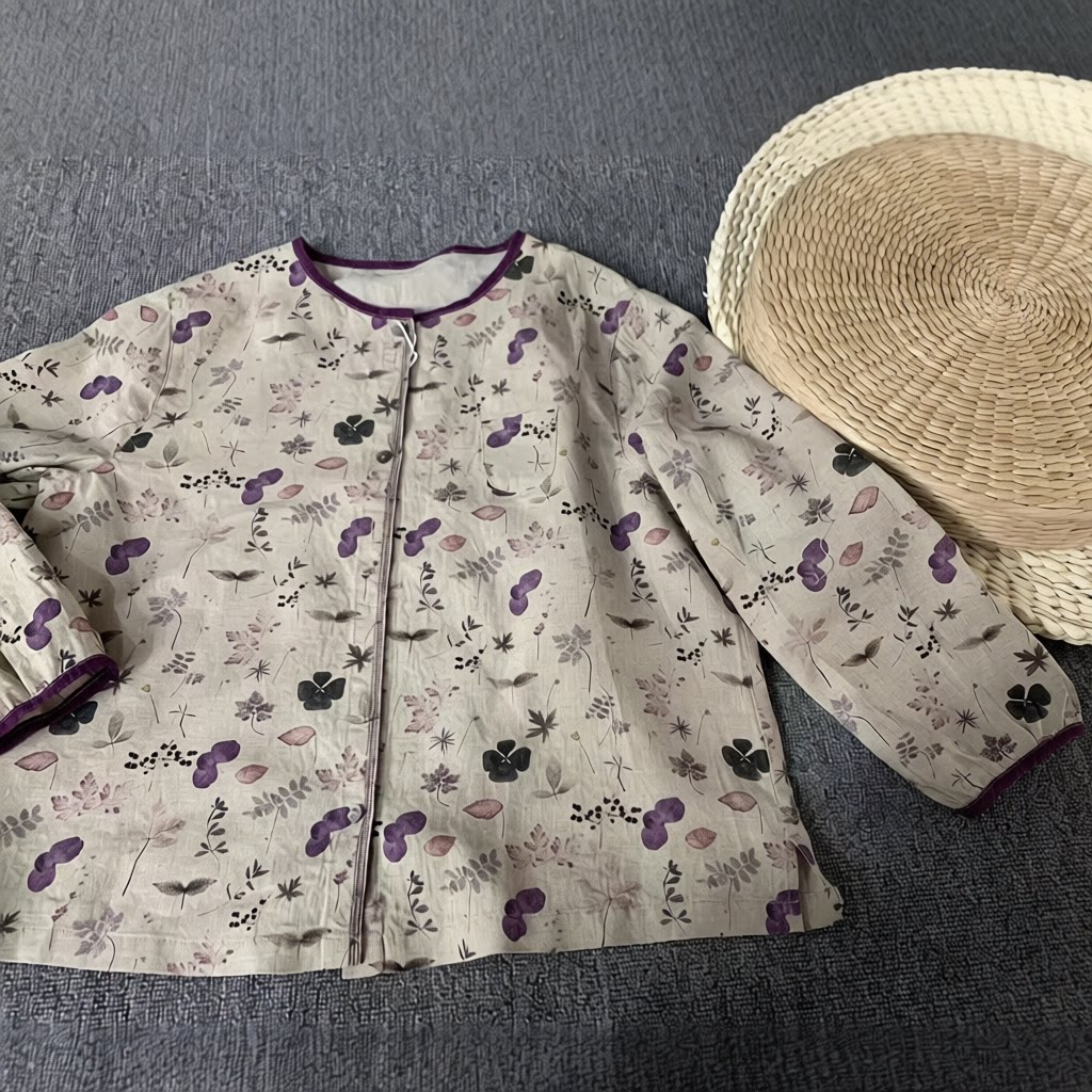 极简风短袖棉麻汉麻印花圆衬衫