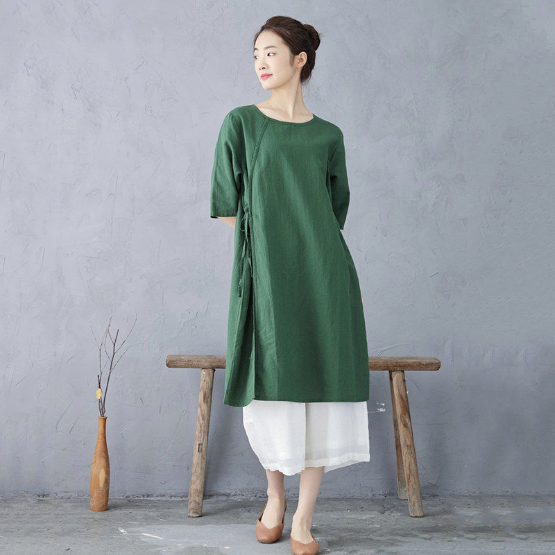 南韵 只此青绿 棉麻上衣中长款连衣裙宽松大码茶服禅意绿色裙衫