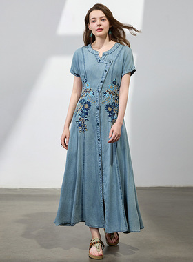 2025夏季新款国风民族风收腰显瘦复古时尚花卉刺绣A字裙A82756