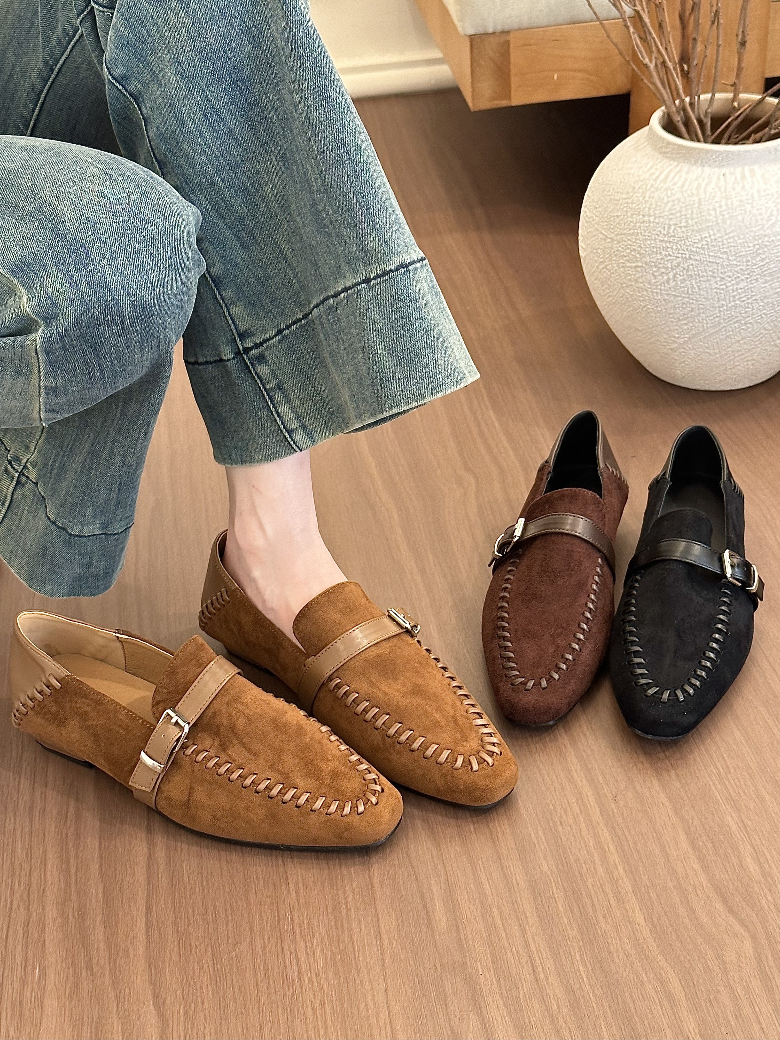 titing复古智系！绒面方头编织搭扣豆豆鞋女秋韩版通勤内增高单鞋