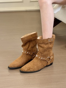 复古绒面尖头铆钉内增高短靴女秋冬大筒围靴子 titing早秋美拉德