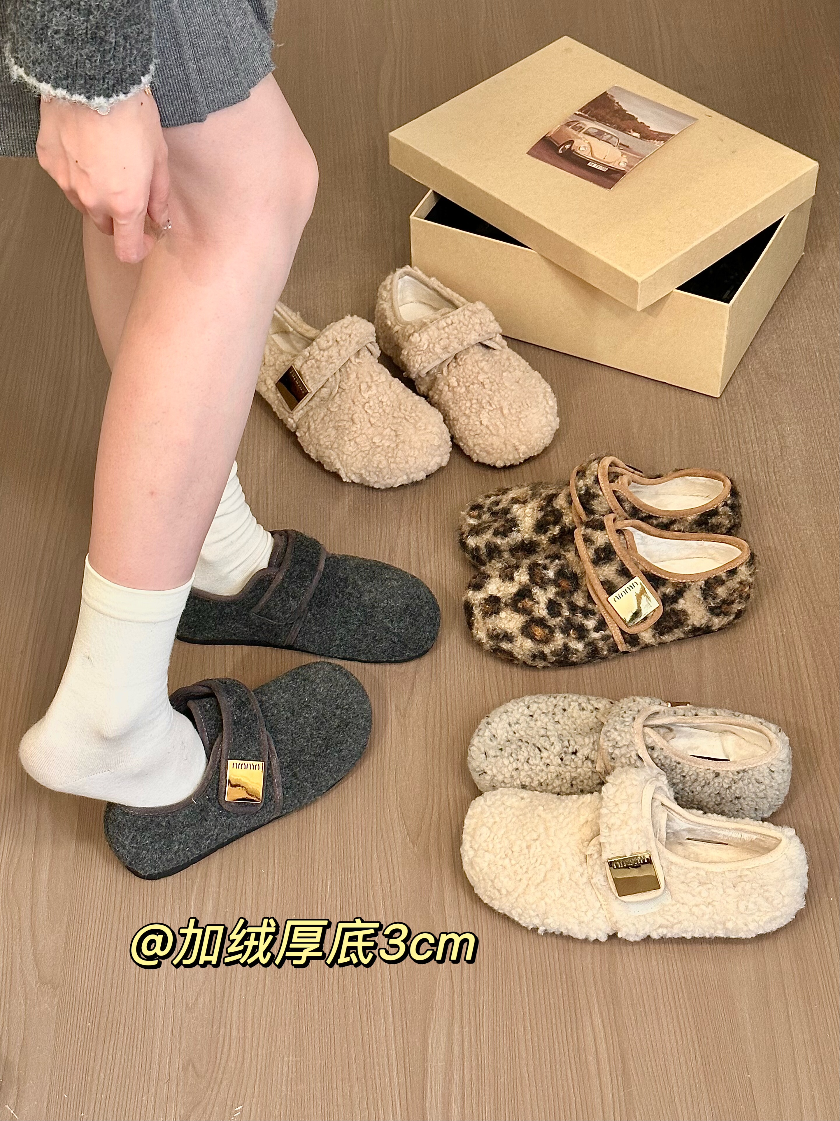 titing韩系暖炉！气质毛毛圆头金属扣勃肯鞋女冬加绒内增高单鞋