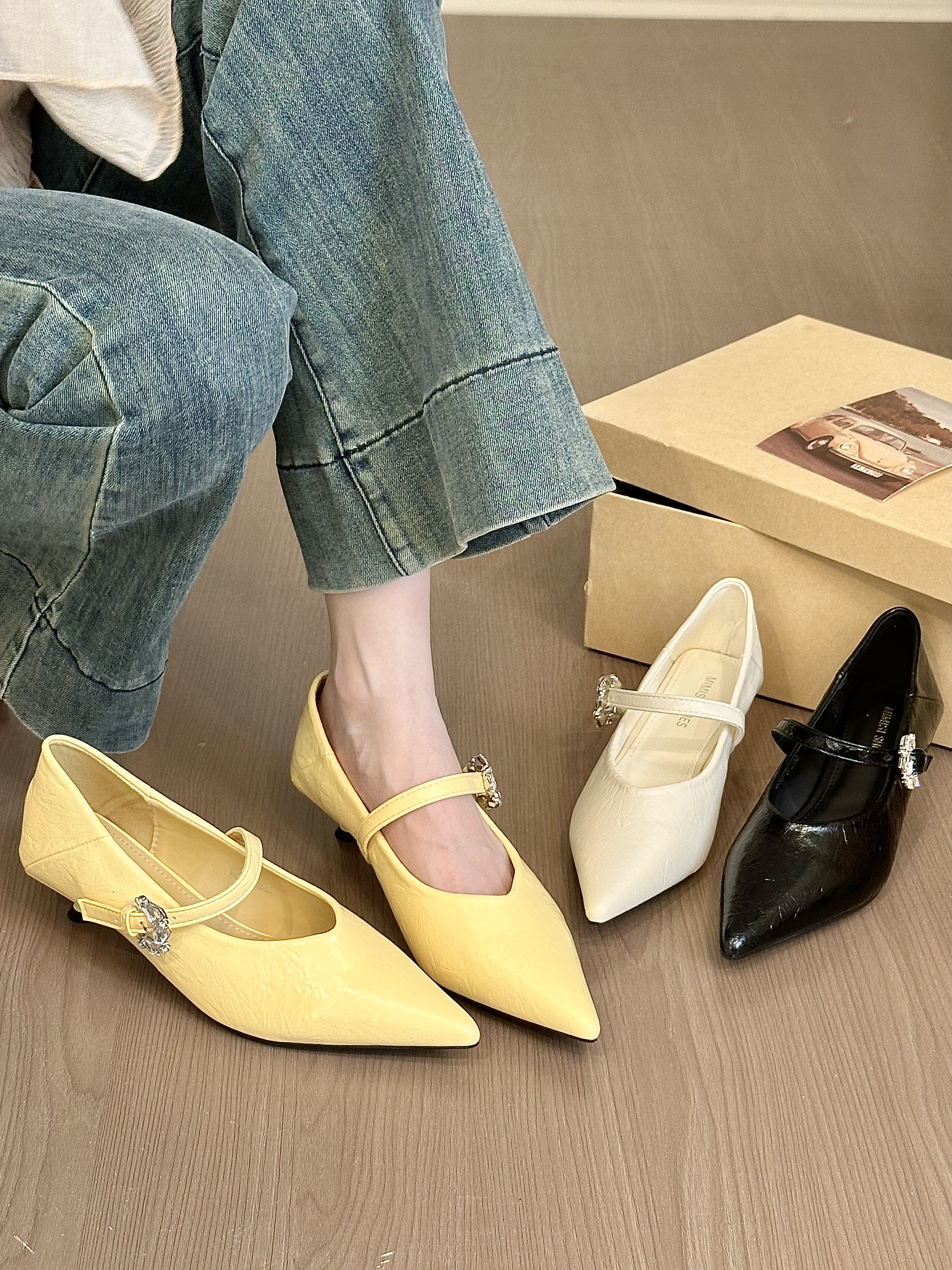 titing春天奶油黄！气质尖头水钻扣玛丽珍鞋女春2026韩版猫跟单鞋,女鞋,浅口单鞋,淘宝优惠券,粉丝福利购,淘宝优惠卷
