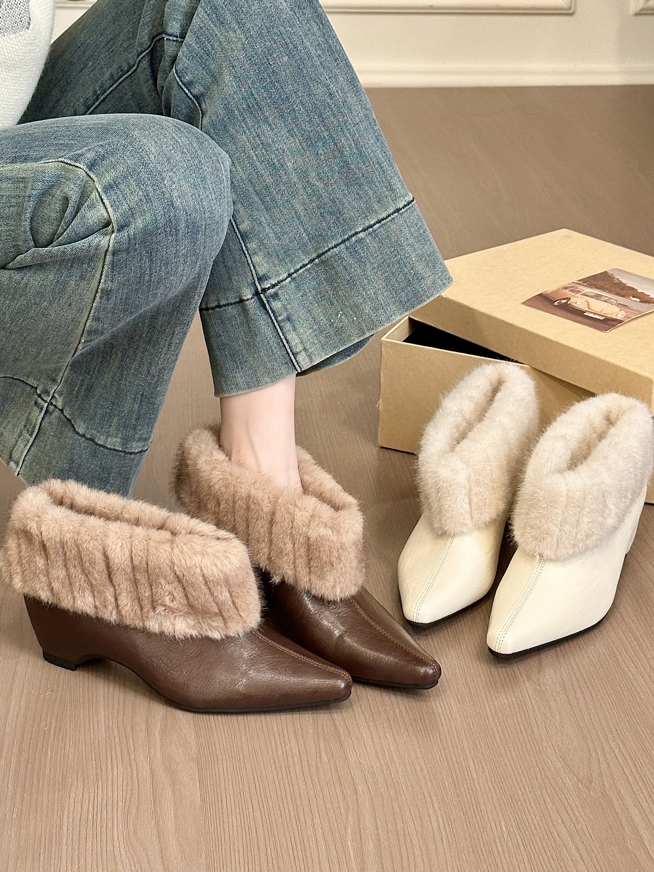 titing冬季韩女！复古尖头翻毛内增高单鞋女冬韩版加绒保暖单鞋