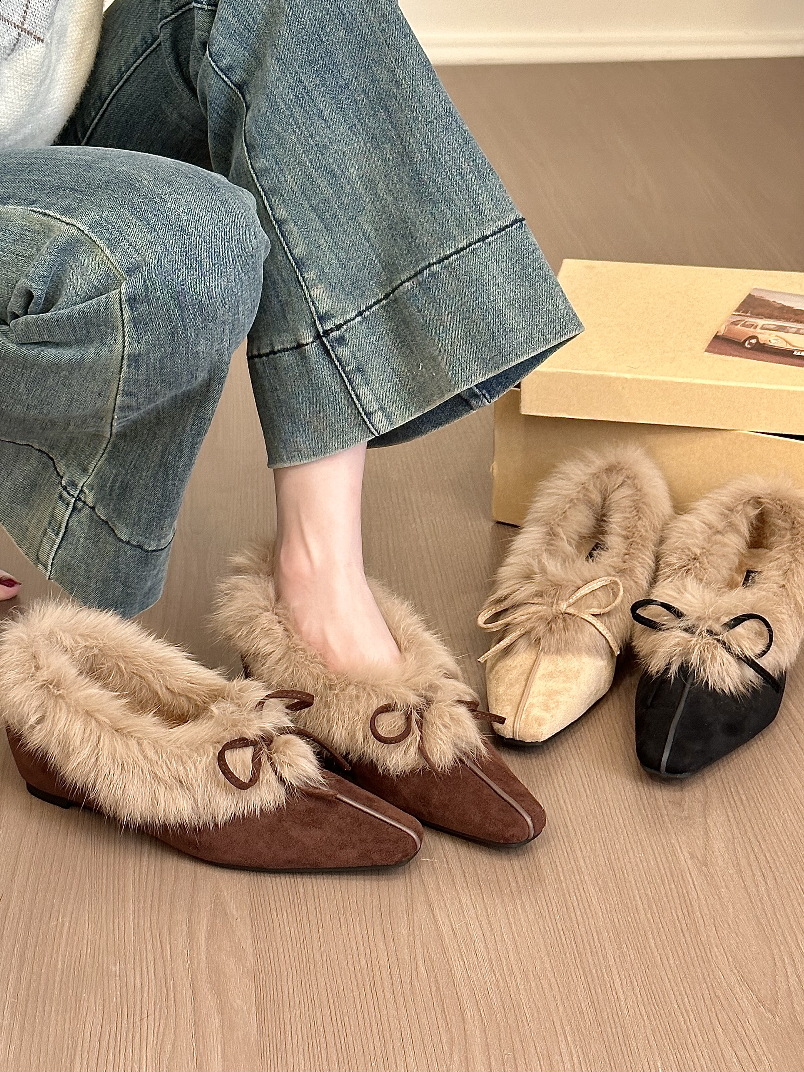 titing氛围美神！气质绒面方头蝴蝶结毛毛单鞋女冬加绒内增高单鞋