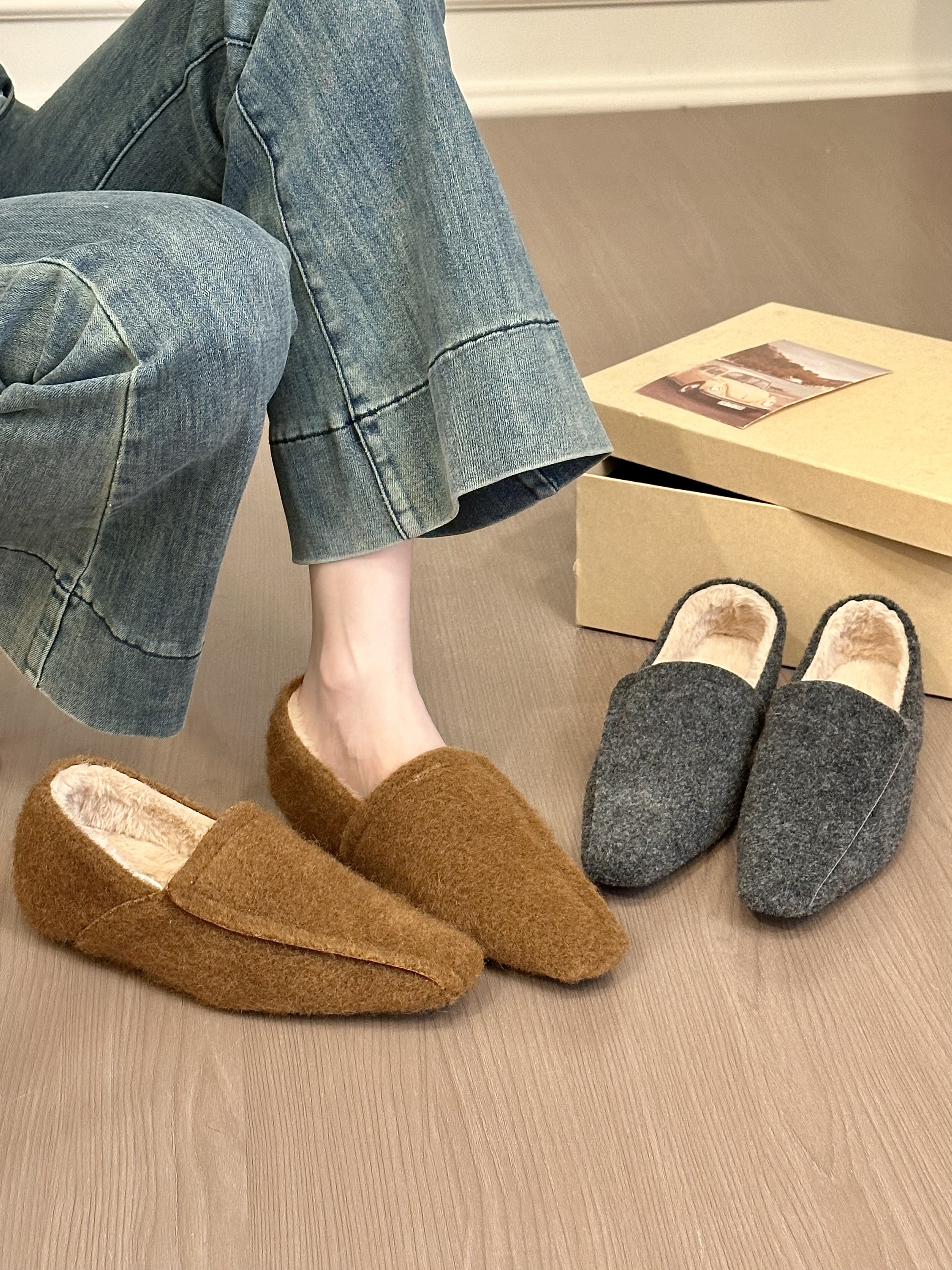 titing冬日私藏！气质呢子方头车线乐福鞋女冬通勤加绒内增高单鞋