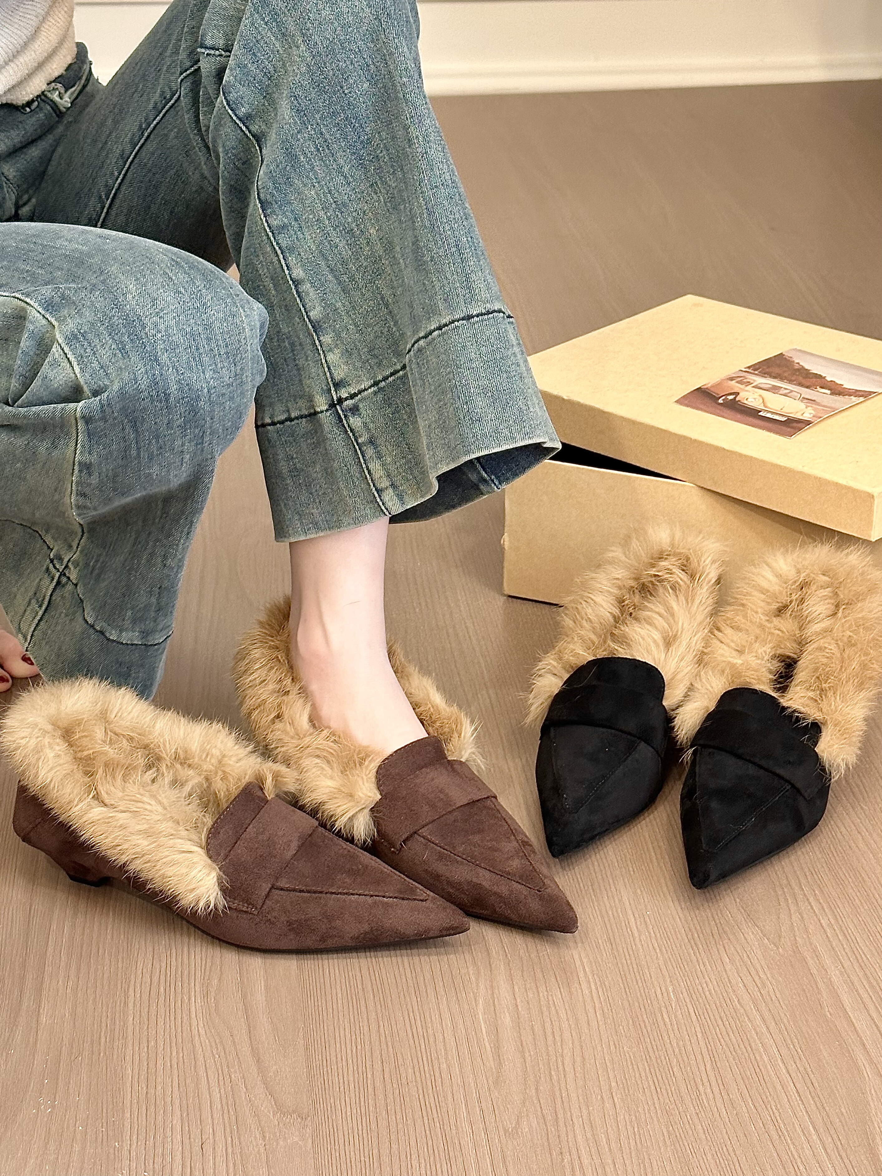 titing冬日刚需款！绒面尖头车线翻毛乐福鞋女冬通勤加绒粗跟单鞋