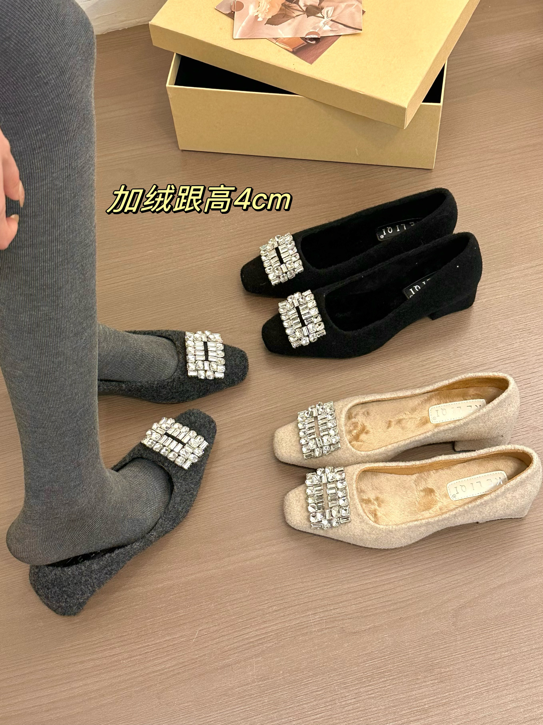 titing闪闪惹人爱！气质方头呢子水钻粗跟单鞋女秋冬加绒玛丽珍鞋