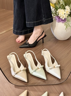 titing薄荷春色！气质绿尖头蝴蝶结包头后空凉鞋女春细跟高跟鞋