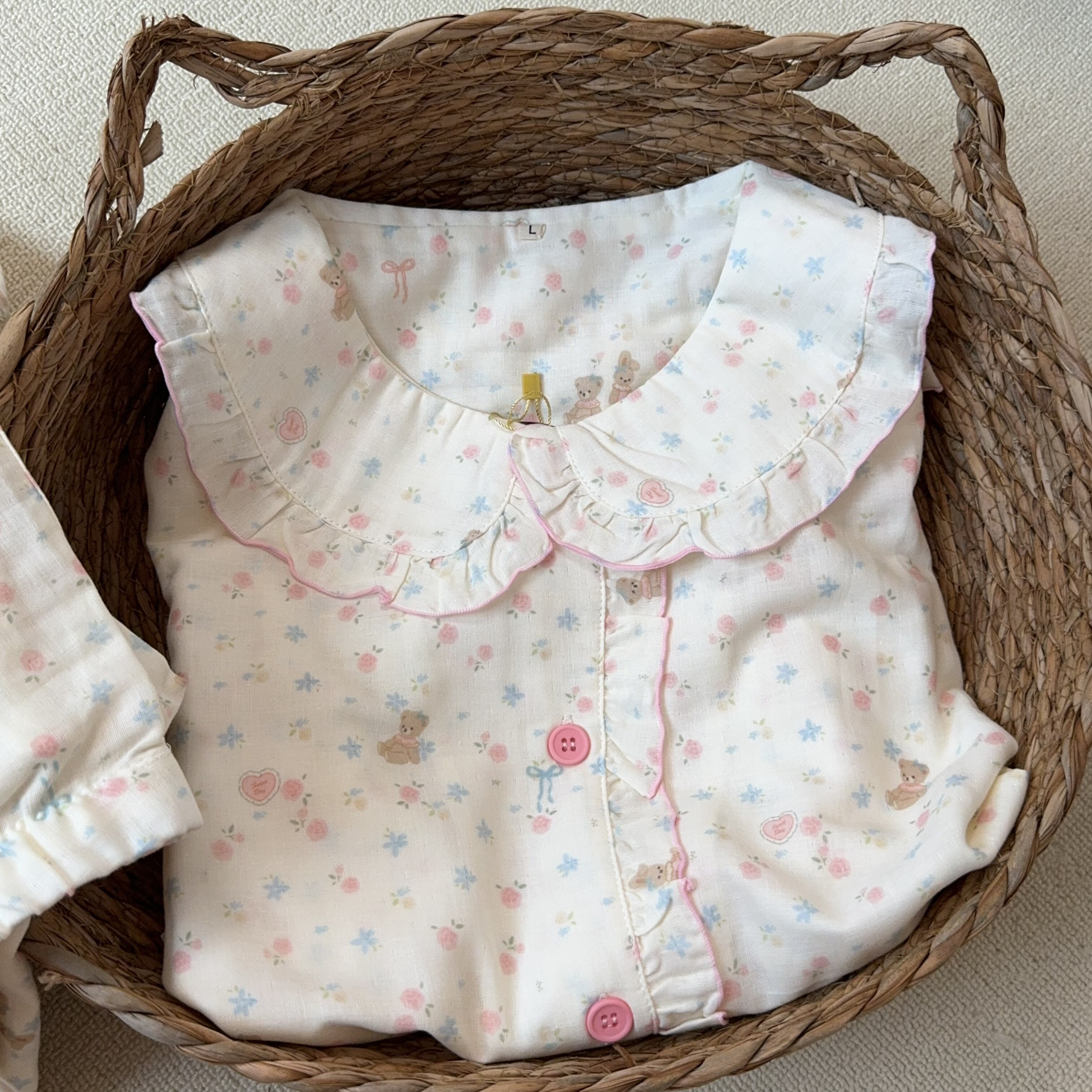 ins韩国全棉双层纱圆领花边睡衣A类柔软可外穿长袖长裤套装家居服