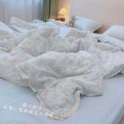 直播爆款a类全棉双层纱四件套法式镂空边纯棉宿舍三件套床上用品