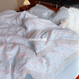 重工法式 蕾丝花边A类纯棉双层纱布四件套全棉学生宿舍三件套床品