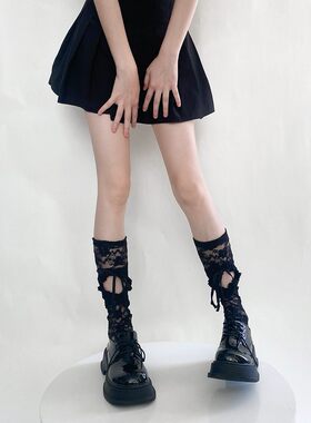日系洛丽塔小腿袜子lolita可爱镂空爱心绑带蕾丝花朵中筒袜暗黑风