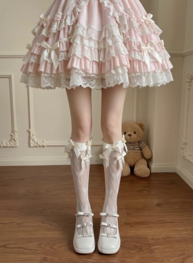 温柔白洛丽塔蕾丝蝴蝶结小腿袜 日常轻 Lolita 少女心中筒堆堆袜