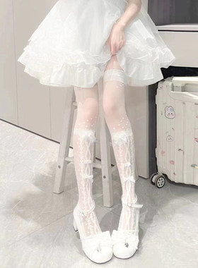 软妹风白色过膝袜 洛丽塔蕾丝蝴蝶结长筒袜 甜美少女心 lolita袜