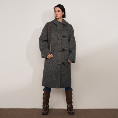 【MPAM】秋冬牛角扣大衣女中长款连帽韩系毛呢外套