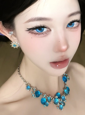 蓝色水晶花朵项链女新款轻奢锁骨