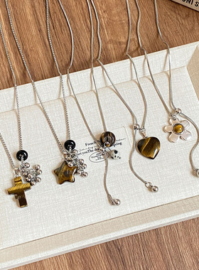不锈钢虎眼石串珠吊坠项饰轻冷淡