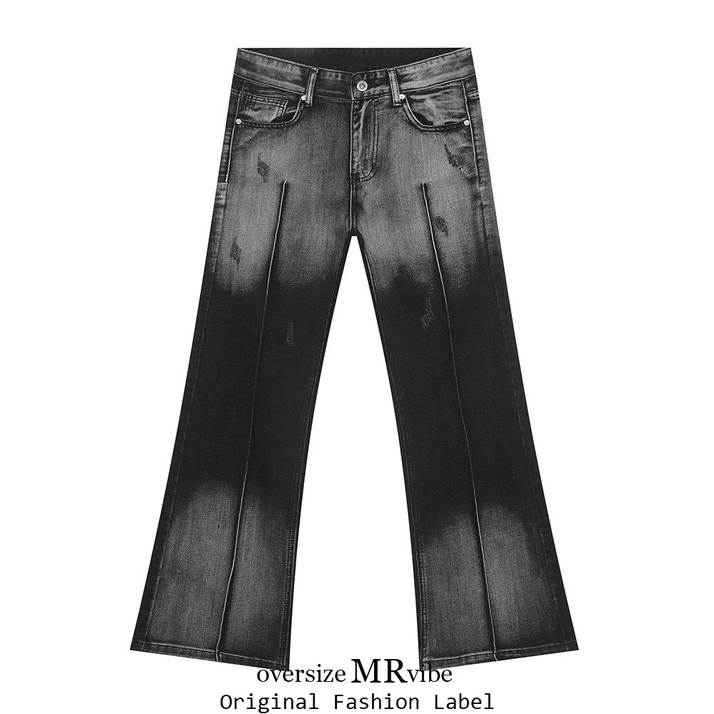 MR原创秋冬款新品轻熟风美式水洗黑白渐变微喇叭复古廓形牛仔裤男
