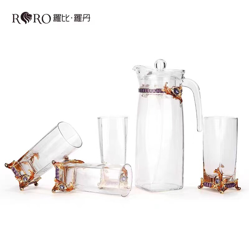 罗比罗丹欧式水具套装创意玻璃水杯家用冷热水果汁壶珐琅彩工艺品