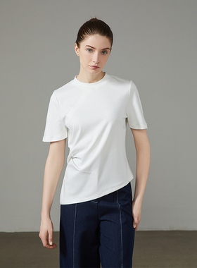 奥地利兰精重磅天丝莫代尔新中式不对称收褶飞檐袖挺括柔润T恤