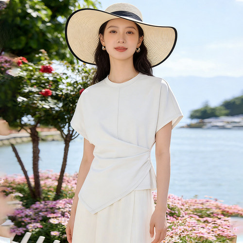 2026新款兰精天丝莫代尔T恤女不规则收腰显瘦遮肉设计感上衣小众