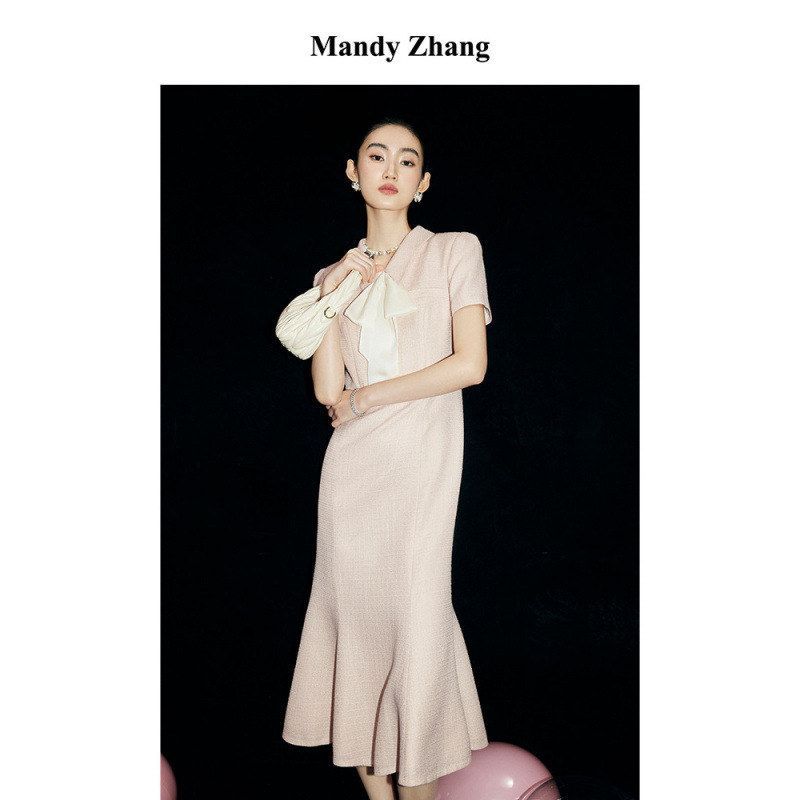 MandyZhang“黄金比例公主线”S型细闪小香风鱼尾连衣裙女春礼服