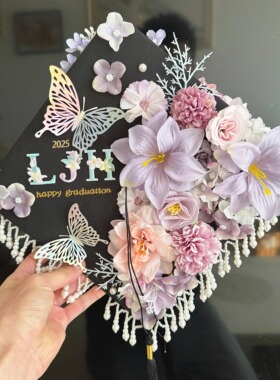 簪花学士帽毕业帽手工diy硕士博士帽定制成品材料包学士服簪花