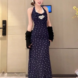 扭结蕾丝挂脖吊带碎花连衣裙女夏2025新款 跨境 海边度假沙滩长裙