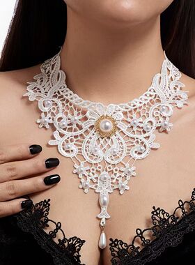 蕾丝锁骨项圈复古颈带宫廷风项链流苏白色蕾丝项圈项链颈链