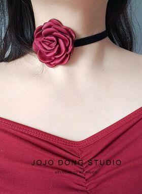 复古日系酒红色玫瑰花丝绒choker项圈性感百搭项链女锁骨链脖饰品