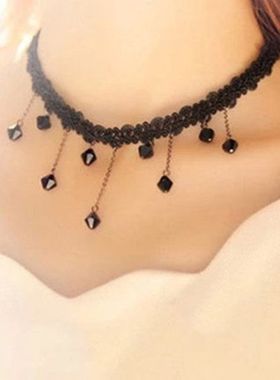 韩版黑色蕾丝项链短款颈链女士百搭菱形吊坠小香风锁骨链春夏配饰
